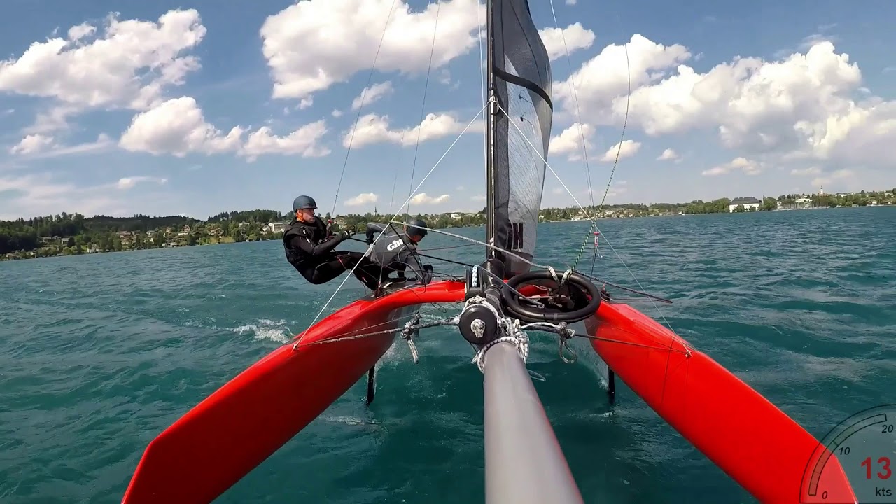 Flying the Whisper foiling catamaran in gusty conditions - including capsize