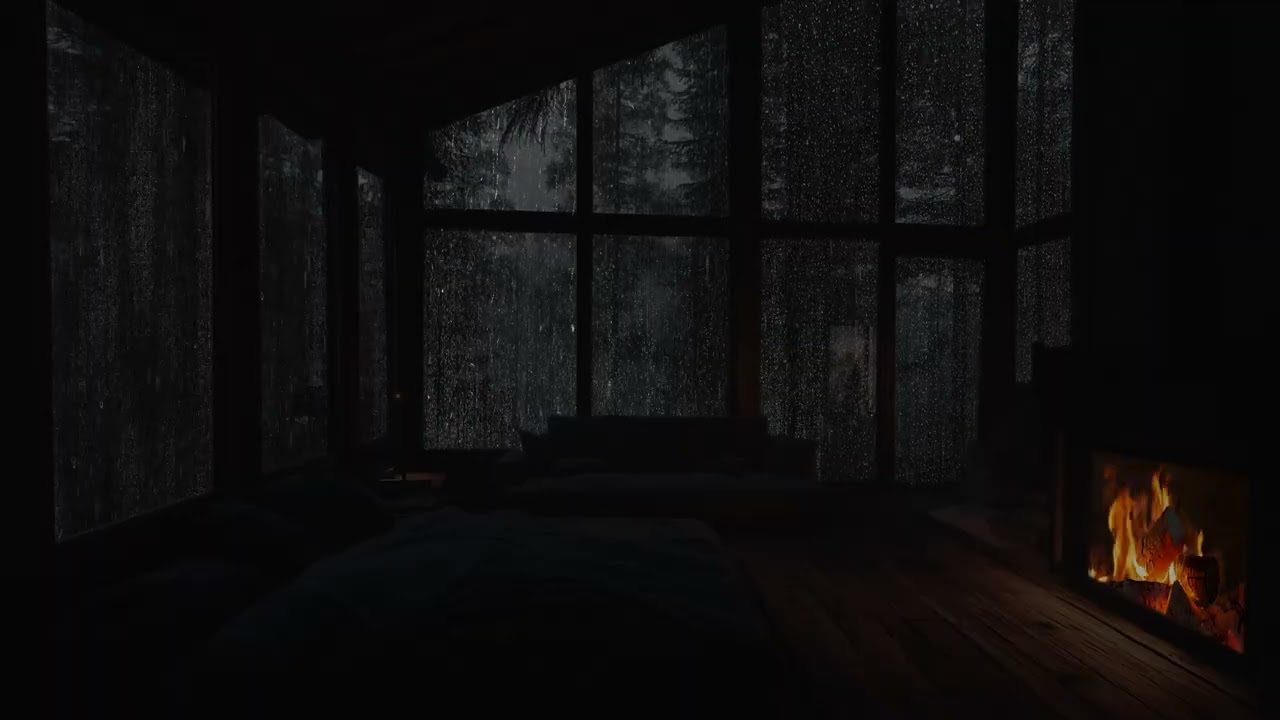Fireplace Warmth in Storm 🌧️ Rain and Thunder Sounds in Forest Cabin for Relaxation and Sleep Aid