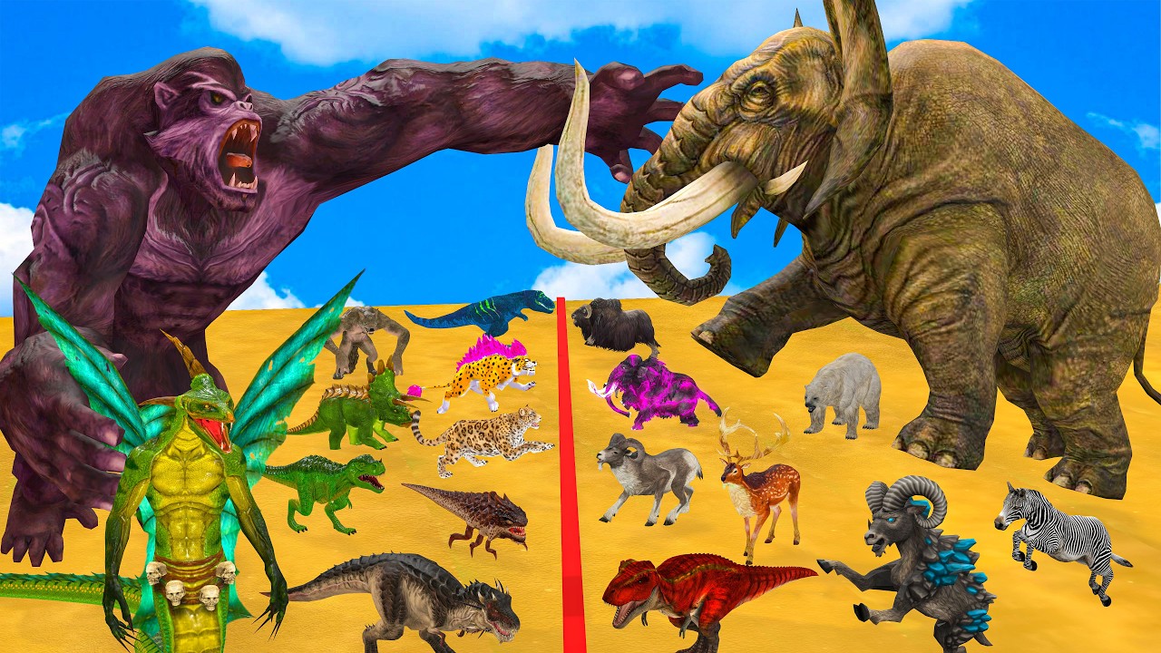 The Ultimate Battle 55 Wild Animals Mammals vs GIGA T-REX Dinosau Epic Run Zigzag Down Course Outsid