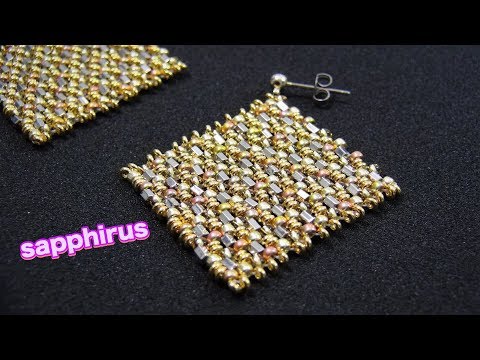 ペヨーテステッチで編むひし形ピアスの作り方☆六角ビーズとDEMIビーズ　How to make earrings using peyote stitch(Flat, Odd count peyote)