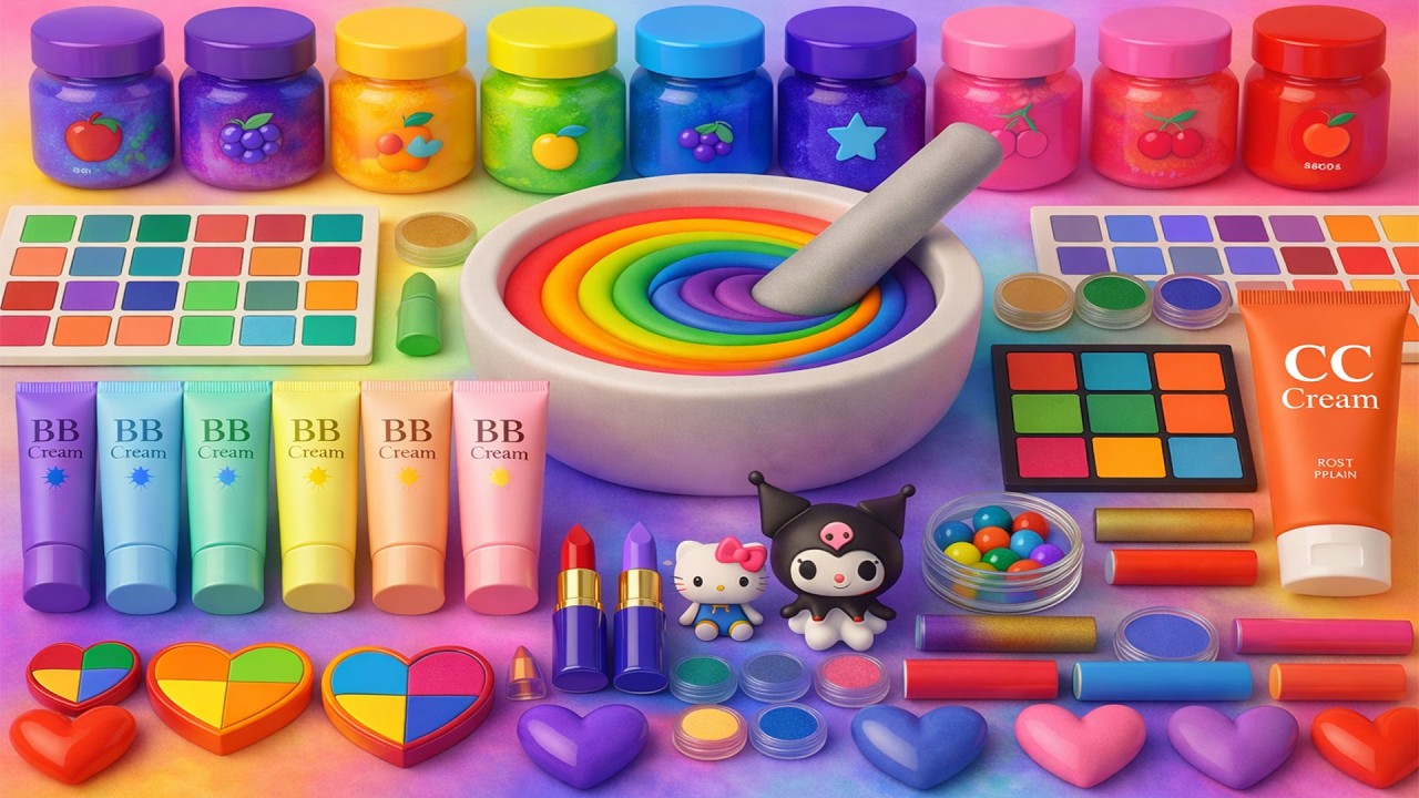 ASMR DIY слайм видео 🌈 Радужный кремовый слайм с косметикой, тенями, конфеты, бусины и блёстками