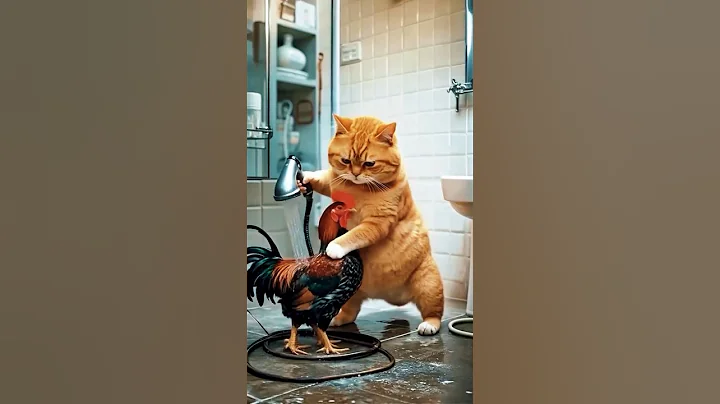 Watch the video about Kitten bathing a chicken #cat #funnycats