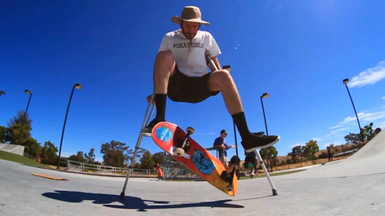 please cartoon SKATEBOARDING WITH CRUTCHES