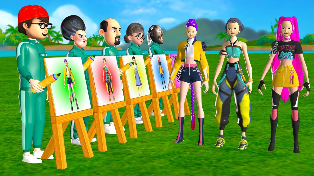 Squid Game vs Scary Teacher 3D Who Draws Best Challenge Drawing Dresses KPop Demon Hunters 5 Times