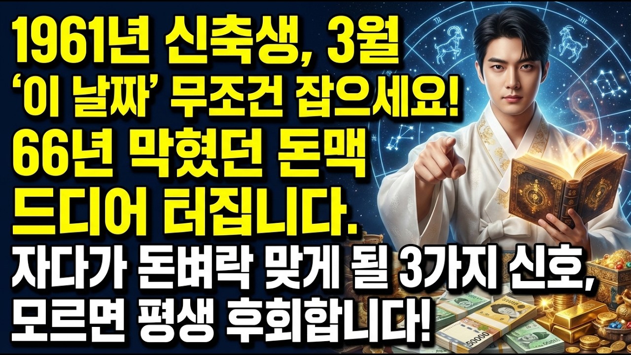 1961년 신축생, 3월 '이 날짜' 무조건 잡으세요! 66년 막혔던 돈맥 드디어 터집니다. 자다가 돈벼락 맞게 될 3가지 신호, 모르면 평생 후회합니다!