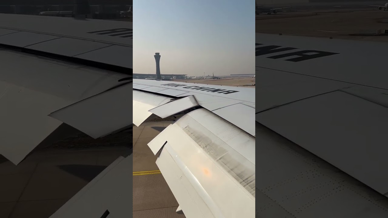 The Boeing 747-8'a massive speedbrake and flaps system at work just after landing at Beijing airport