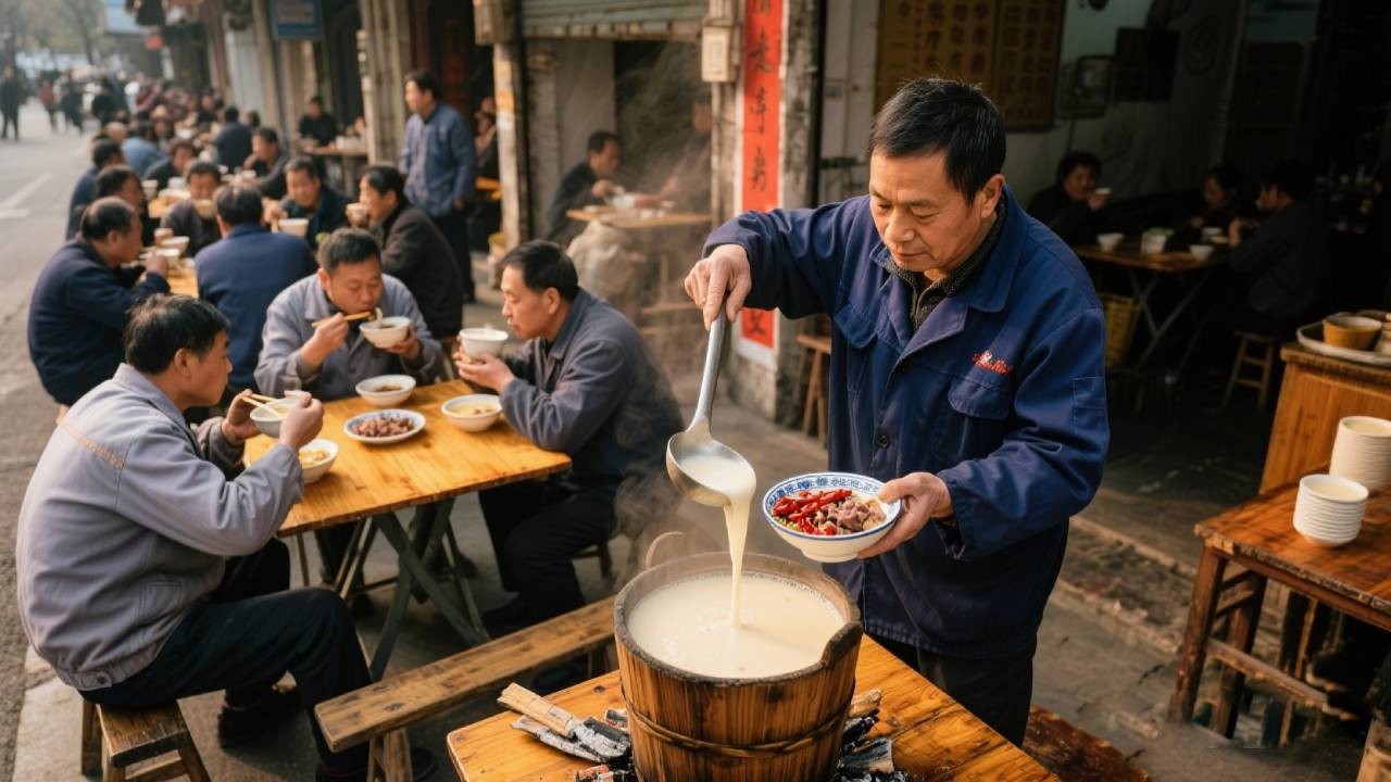 豆浆里加牛羊肉，还能加辣椒，宁波百年传承柴火木桶煮豆浆.【舟小九】