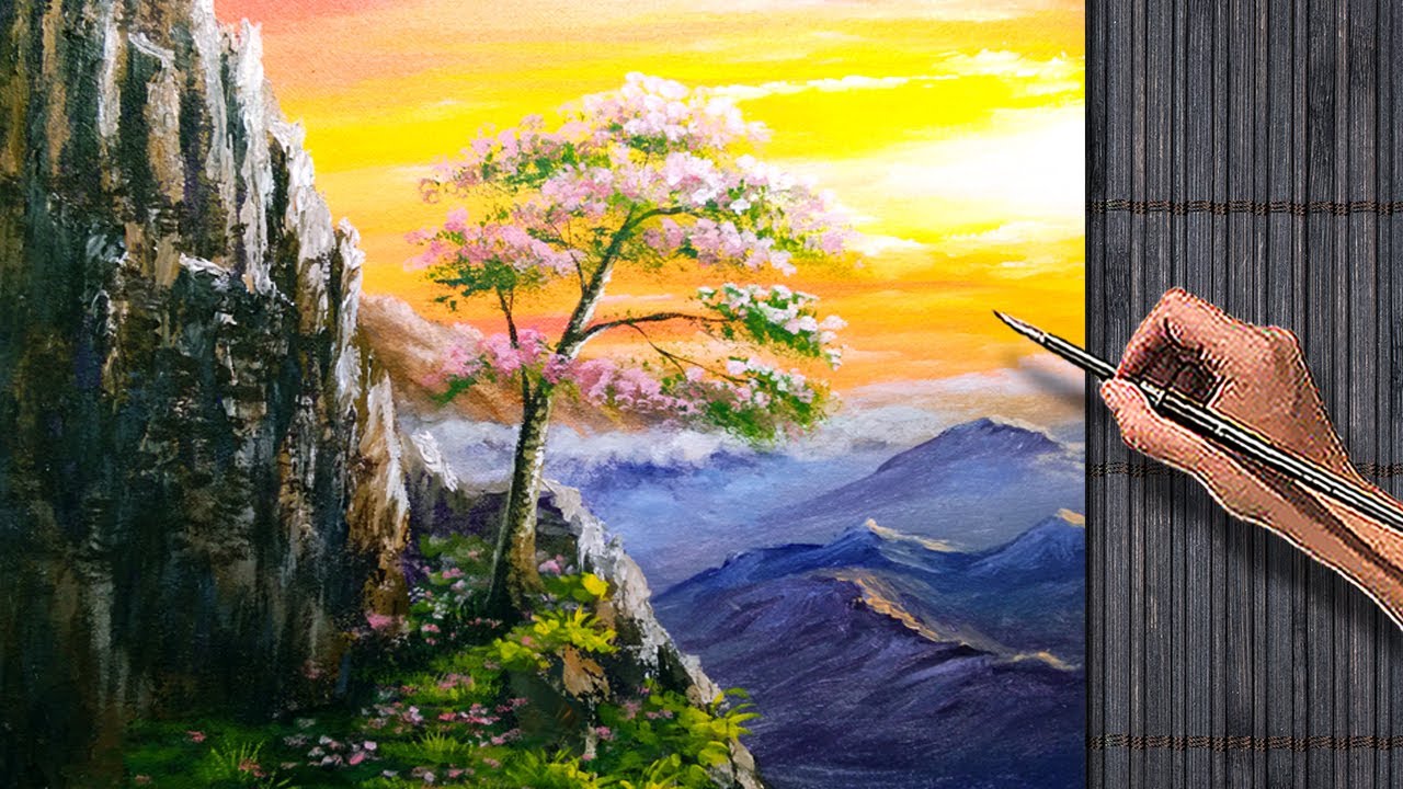 Acrylic Sunset Painting Tutorial / Cherry Blossom in the Cliff / Fine Art Techniques YouTube
