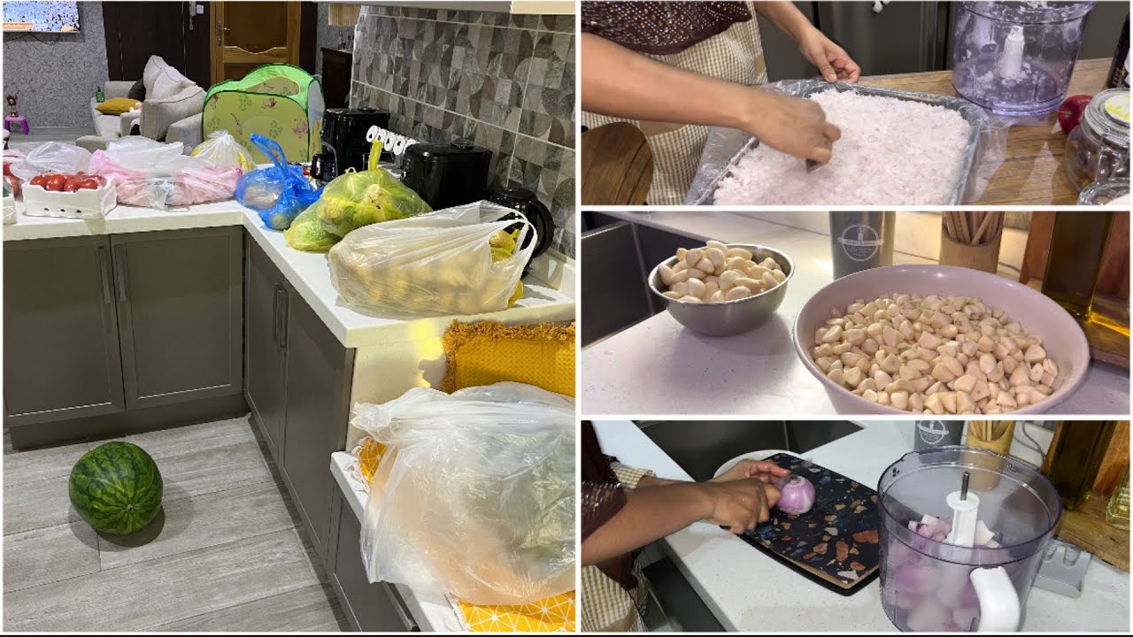 مشتريات الخضار الشهريه : فرزنة الملوخيه والرجله والبصل والثوم ✨ / انكتمت 🥲