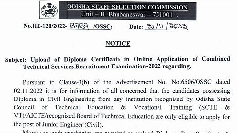 OSSC Combined Technical Services 2022 Upload Of Diploma Certificate Online Application Form Notice