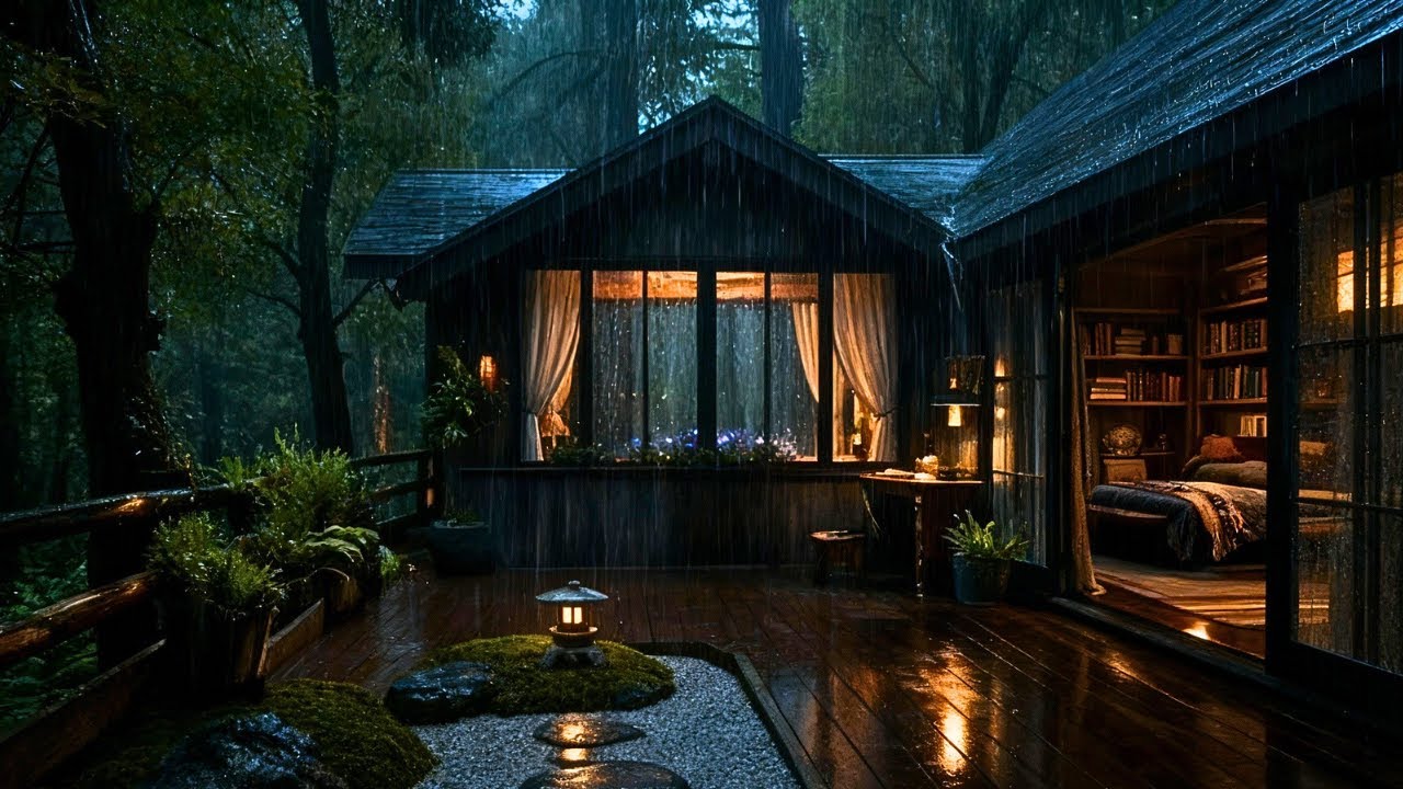 Heavy Rain on Cozy Cabin at Night – Forest Rain Sounds for Deep Sleep ...
