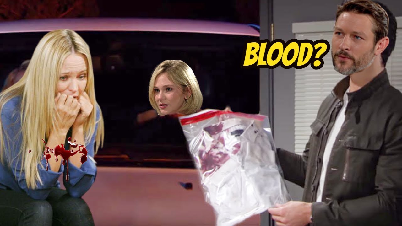 The Young And The Restless Daniel finds blood on Sharon's car and shirt -  asks where Heather is?