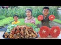 Cook and eat: Smart boy and girl enjoy eating pomelo and deep fry hot dog / fun time eating food