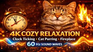 4K Cozy Clock Ticking, Cat Purring & Fireplace Ambience | 60 Hz Sound Waves for Deep Relaxation screenshot 4