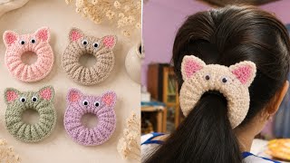 Crochet cat hair accoseries/hair tie/hair band/scrunchie for beginners step by step tutorial 