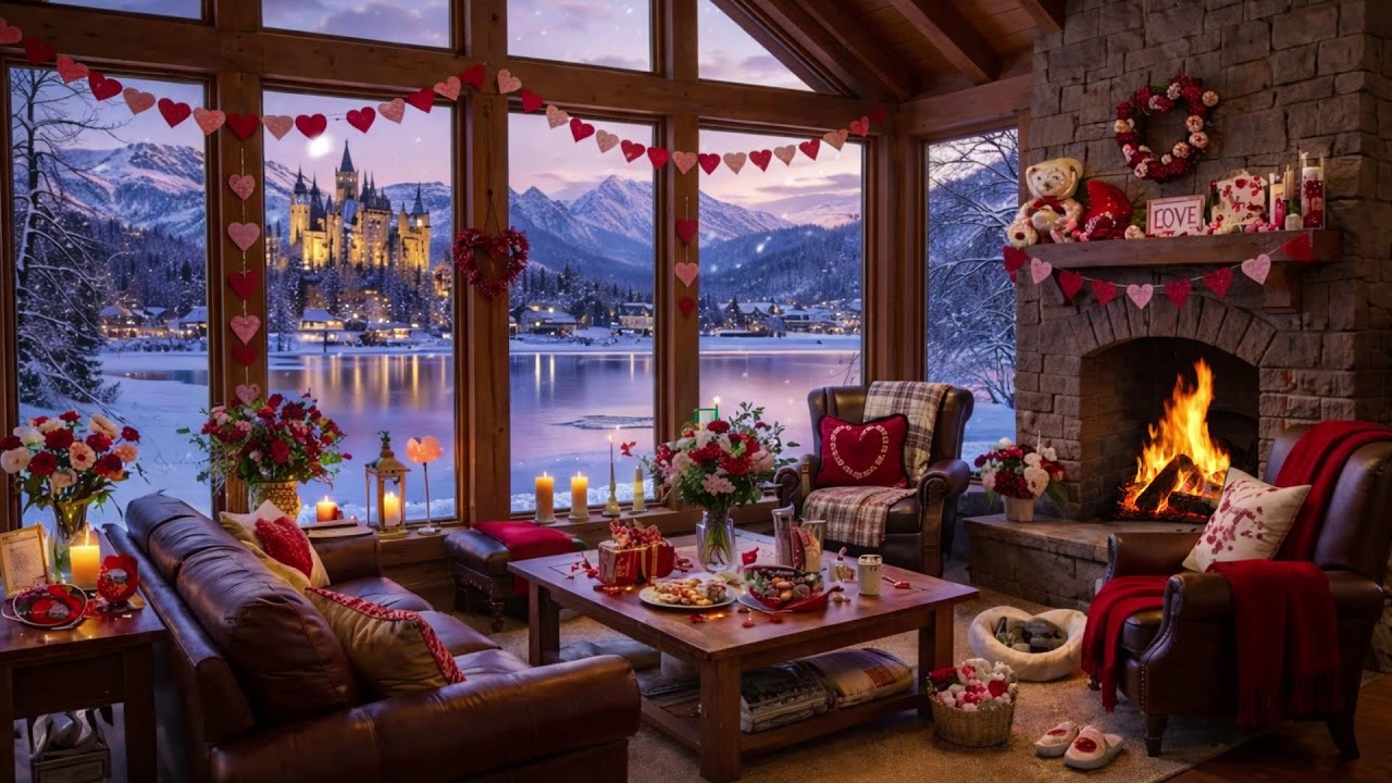 💖 Romantic Winter Hideaway (NO MID-ROLL ADS) – Fireplace Jazz & Snowfall