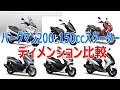 ディメンション比較「バーグマンと150ccスクーター各種PCX,NMAX,MAJESTY-S,ADV150」