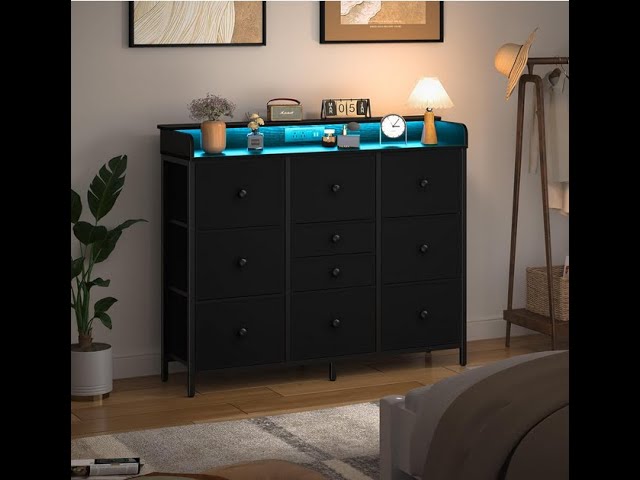 WLIVE Black TV Stand For 55, 60, 65 Inch TV, Entertainment Center With LED Lights & Charging Station, TV Media Console Table With 15 Fabric Drawers And Open Shelves For Living