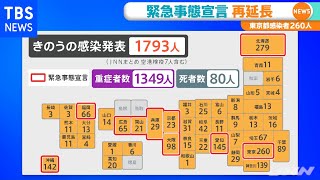 ９都道府県 緊急事態宣言きょうから再延長、東京都感染者２６０人