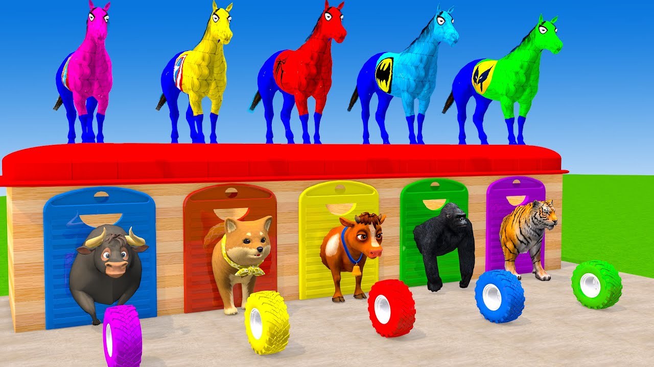 Long Slide Game With Elephant Gorilla Buffalo Hippopotamus Tiger - 3d Animal Game - Funny 3d Animals