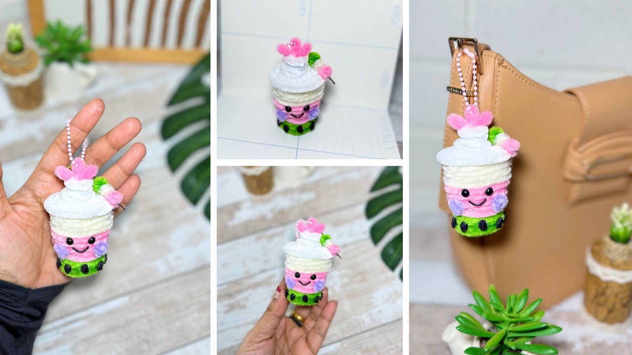 Брелок в виде клубничного матча с шариками тапиоки из проволоки для рукоделия