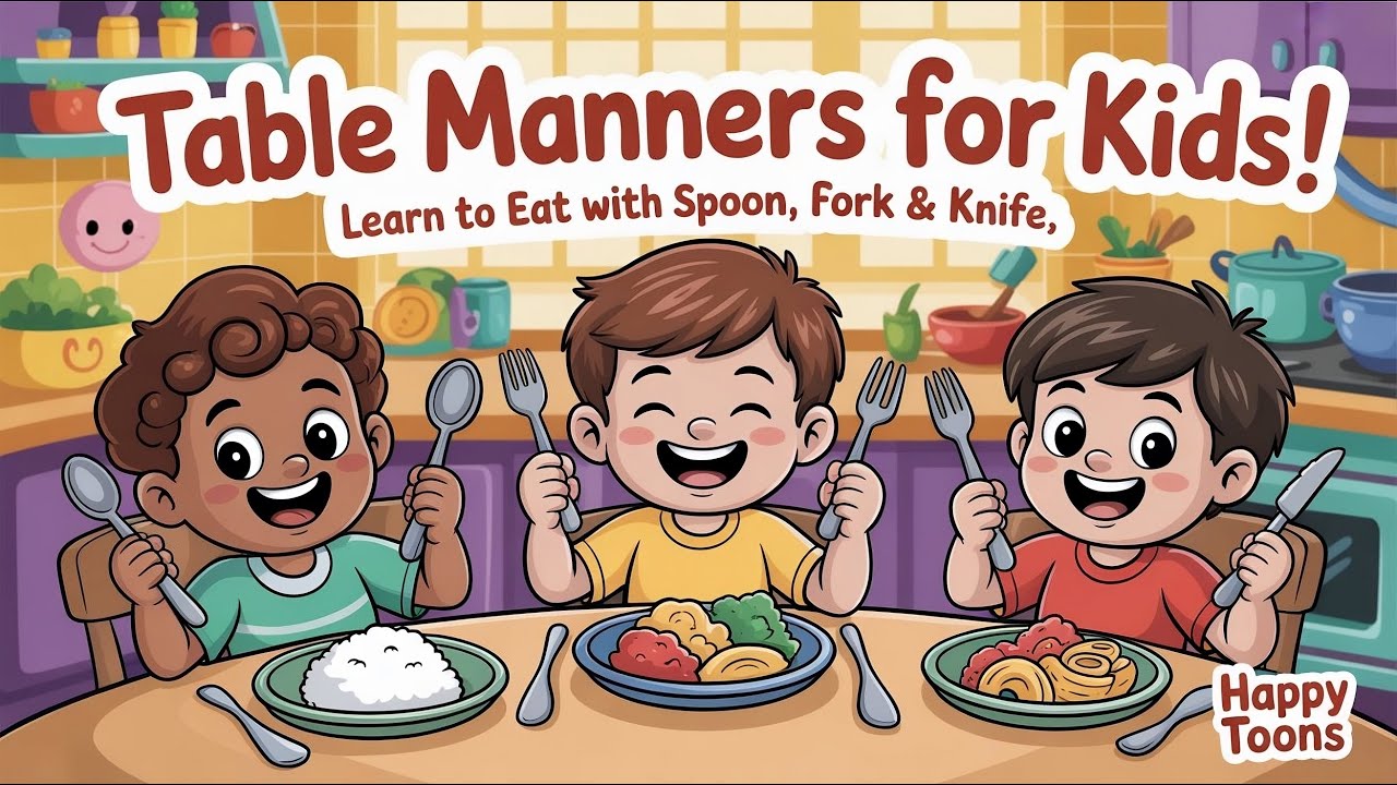 How to Eat with Spoon, Fork & Knife | Table Manners for Kids | Happy Toons  Episode 2 
