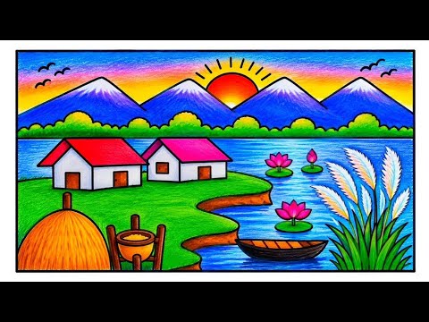Easy River Scenery drawing | Beautiful Mountain Village Landscape Drawing Step by Step | ছবি আঁকা