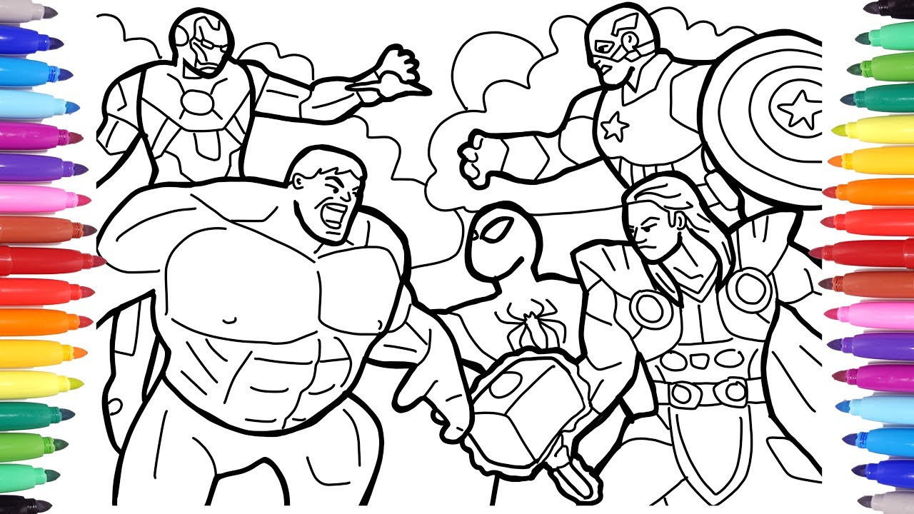 Avengers Coloring Pages Coloring The Avengers Squad Spiderman Iron Man Hulk Captain America Youtube