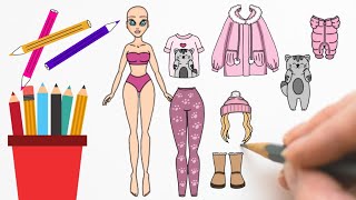COMO DESENHAR BONECA DE PAPEL INVERNO+ROUPAS+GATO+ ROUPA PET #bonecadepapel #paperdolls screenshot 5