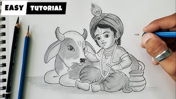 How To Draw The Lord Krishna With Cute Cow / Easy Krishna Pencil Drawing For Beginners @AjArts03