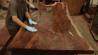 Finishing a STUNNING Claro Walnut Dining Table Top Live Edge Slab with a Hand Applied Oil Finish