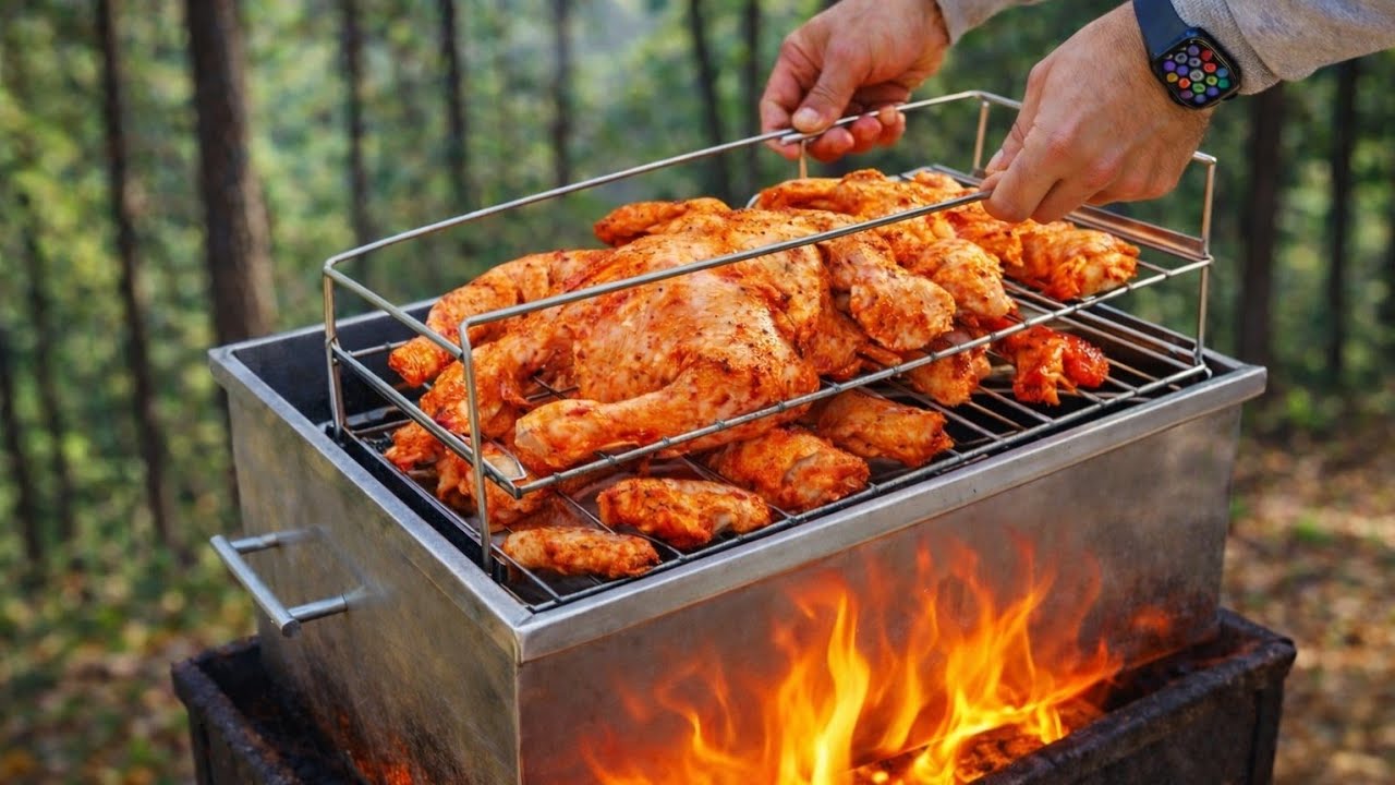 Cooking Whole Chicken in a Charcoal Smoker in the Forest 🔥 