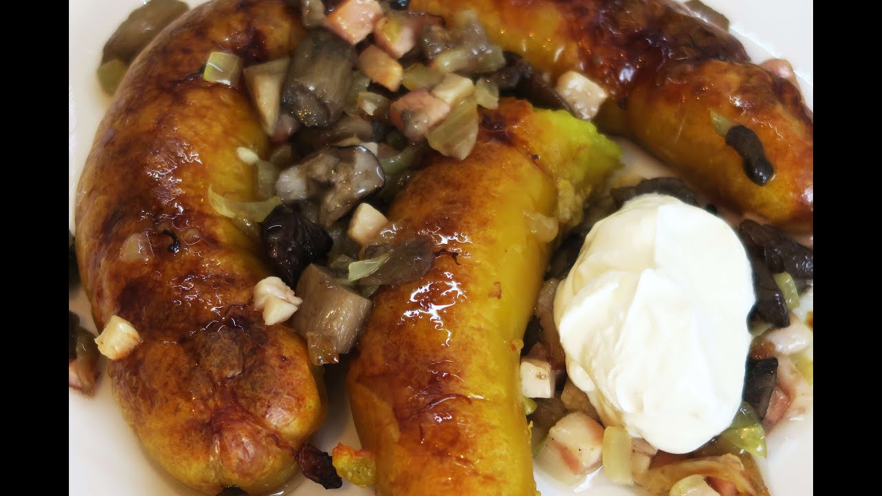 Bulviniai vėdarai su grybais ir rūkyta šonine