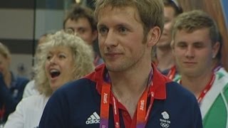 Team GB's track cyclist Jason Kenny celebrates gold at London 2012