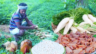 Land Find RADISH with CHICKEN AND EGG Amazing Primitiive  Cooking Eating in Village Hunter