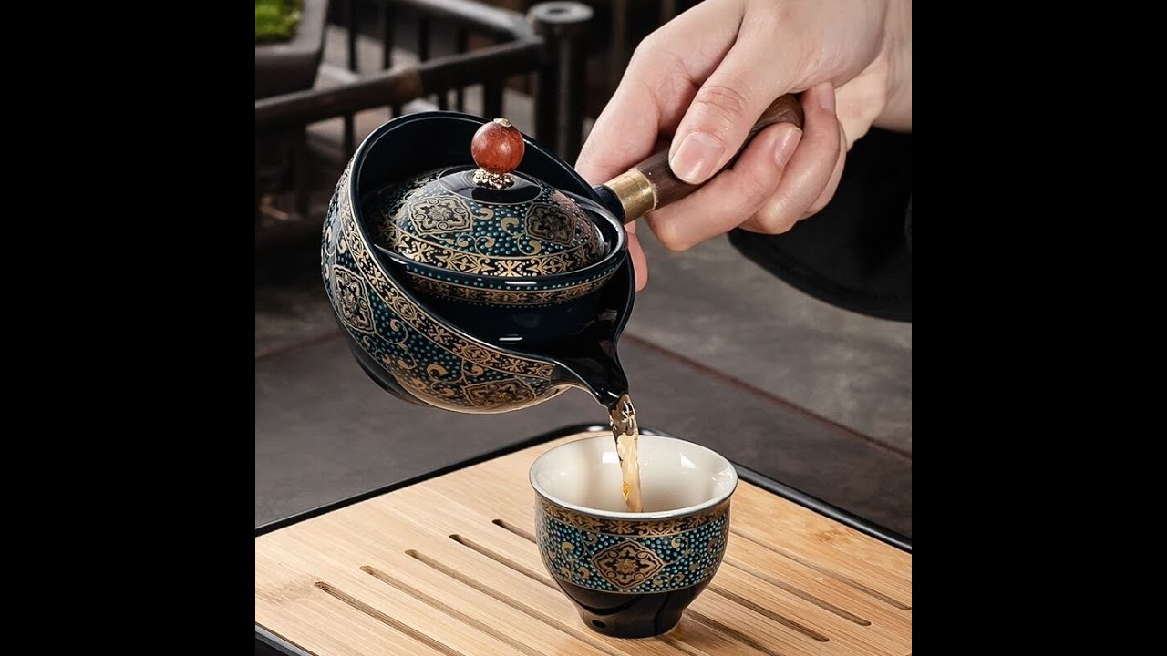 360-degree rotating teapot ceramic portable tea set - YouTube