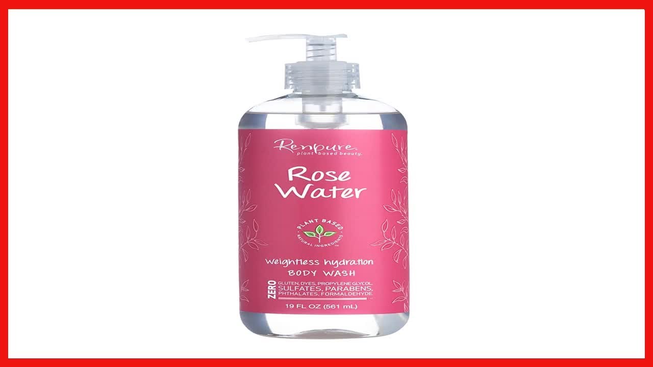 RENPURE Plant Based Organic Natural Rose Water Coconut Oil Body Wash, Sulfate Free Moisturizing