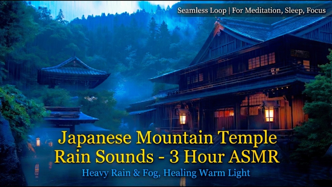 3 Hours Heavy Rain at Mountain Temple Onsen Seamless Loop | Deep Focus ASMR | Constant Rain Ambience