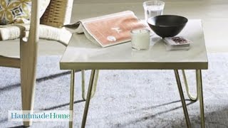 Brass-Leg Side Table Project - Handmade Home - Martha Stewart This brass-leg side table is easy to create and affordable. Using a marble floor tile from a home center, brass hairpin legs, and a few