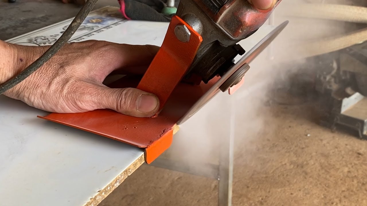 Cách tự chế bàn cắt liếp cạnh 45 độ gạch men từ máy mài góc- Cắt mòi Gạch men (dry tile cut at 45)