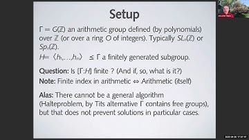 "Index computations in arithmetic groups", Alexander Hulpke, NYGT Seminar, April 30, 2020