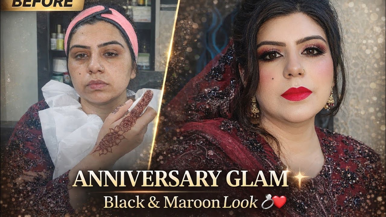 Anniversary Makeup Look Tutorial | Black & Maroon Eyeshadow with Silver Glitter