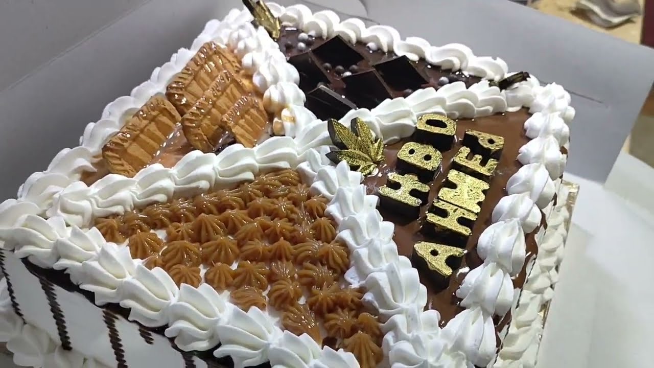 تورتة عيد ميلاد كبيرة بنص دقيق اسبونش جاهز مقاس 25/25 وتزين بسيط للمبتدئين