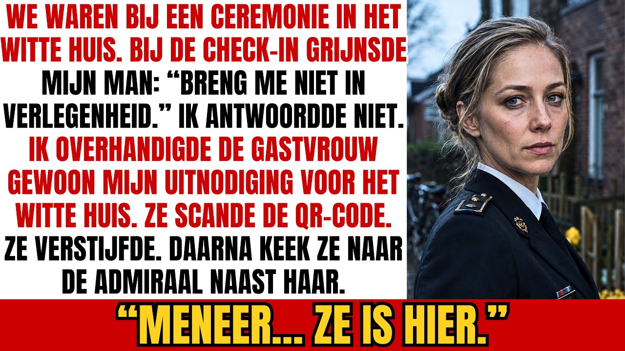 Ik stond naast mijn man in het Koninklijk Paleis, klaar om de uitnodiging te tonen die hij de hele week overal had rondgebazuind. Toen de gastvrouw mijn code scande, werd haar gezicht wit. Ze keek...