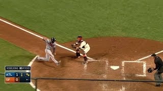 ATL@SF: Freeman singles in Heyward on close play