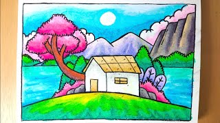 Cara menggambar pemandangan alam dan rumah | How to draw easy simple scenery and house