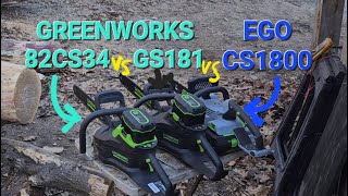 Greenworks vs Ego. The best & most powerful battery chainsaws compared CS1800 GS181 and  82CS34 82v