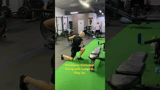 Rotational Kettlebell Swing with Lunge to Step up exercise