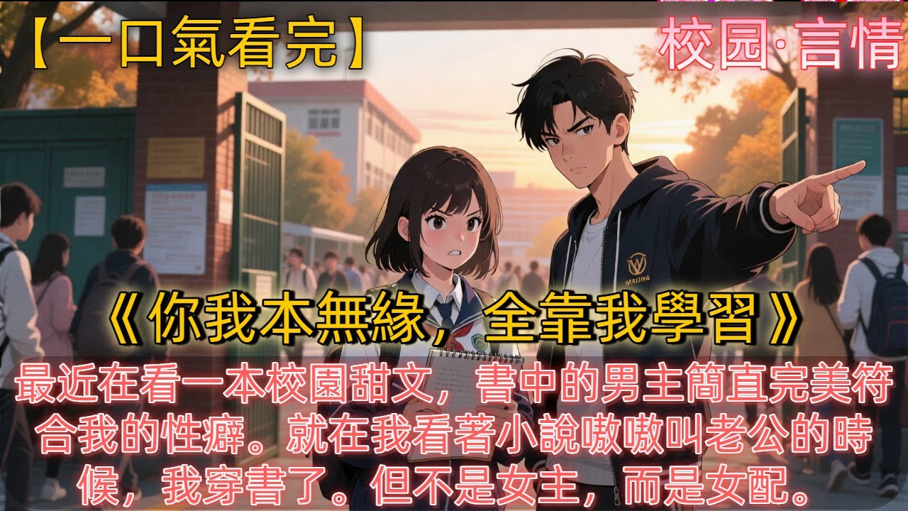 《你我本無緣，全靠我學習》最近在看一本校園甜文，書中的男主簡直完美符合我的性癖。就在我看著小說嗷嗷叫老公的時候，我穿書了。但不是女主，而是男主看都不看一眼的女配。我傷心，我跺腳，我落淚，我放棄！