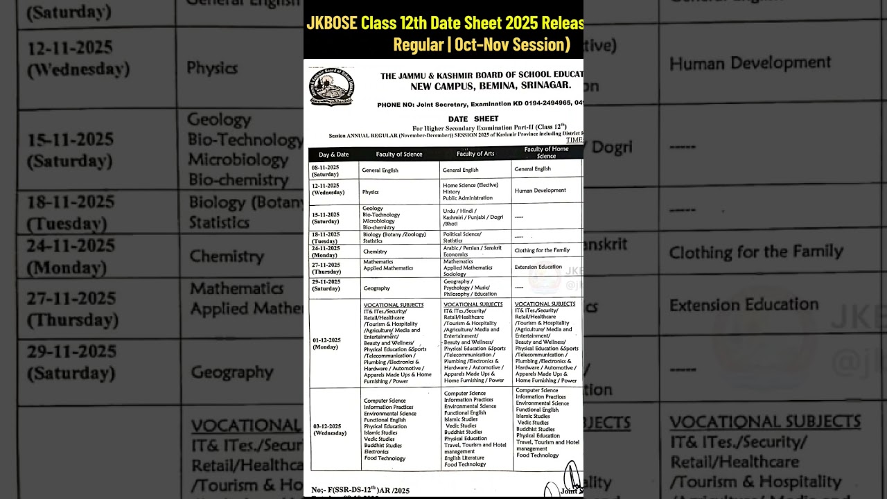 class 12 th jkbose date sheet